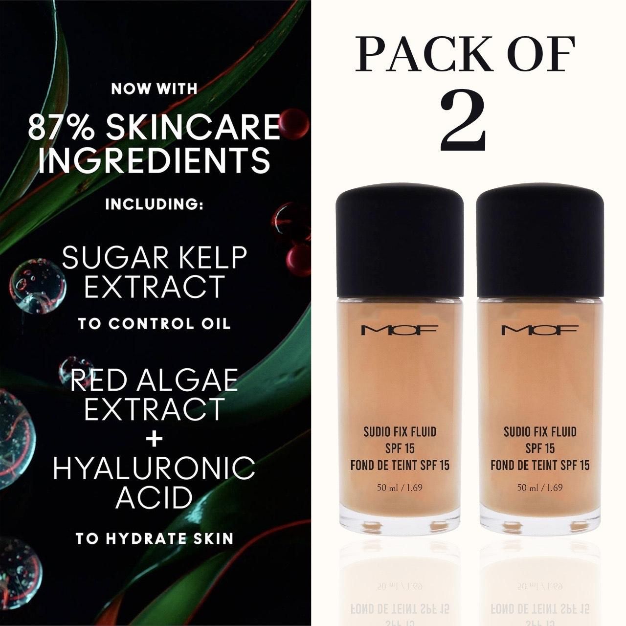 Two bottles of M.O.F. Sudio Fix Fluid with skincare ingredient information on a black and white background.