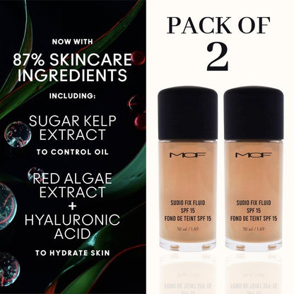 Two bottles of M.O.F. Sudio Fix Fluid with skincare ingredient information on a black and white background.