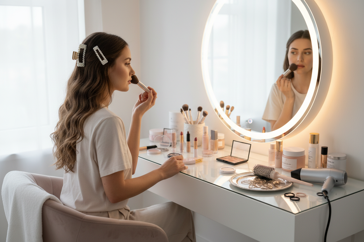 generate a image of a girl Self grooming with accessories 